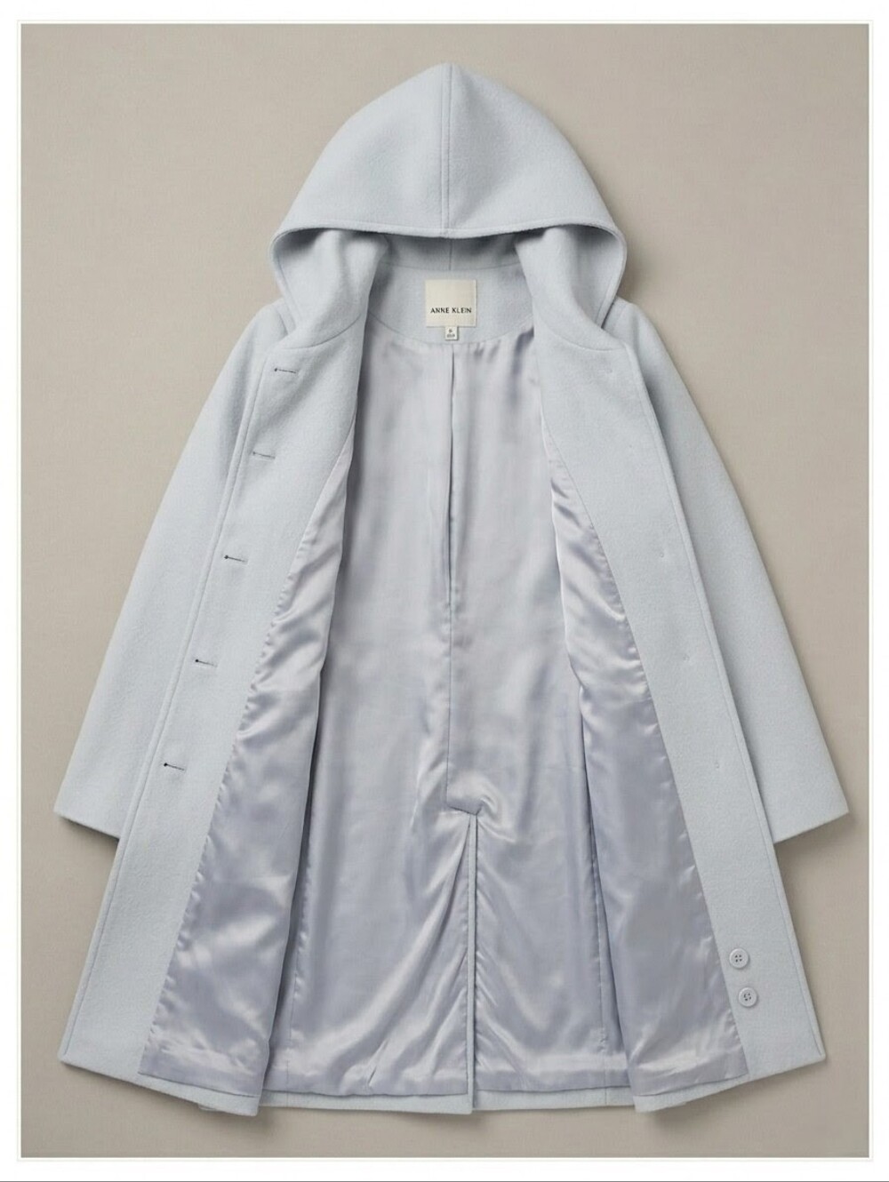 Anne Klein 100% Long Wool Hooded Coat Powder Blue 2P